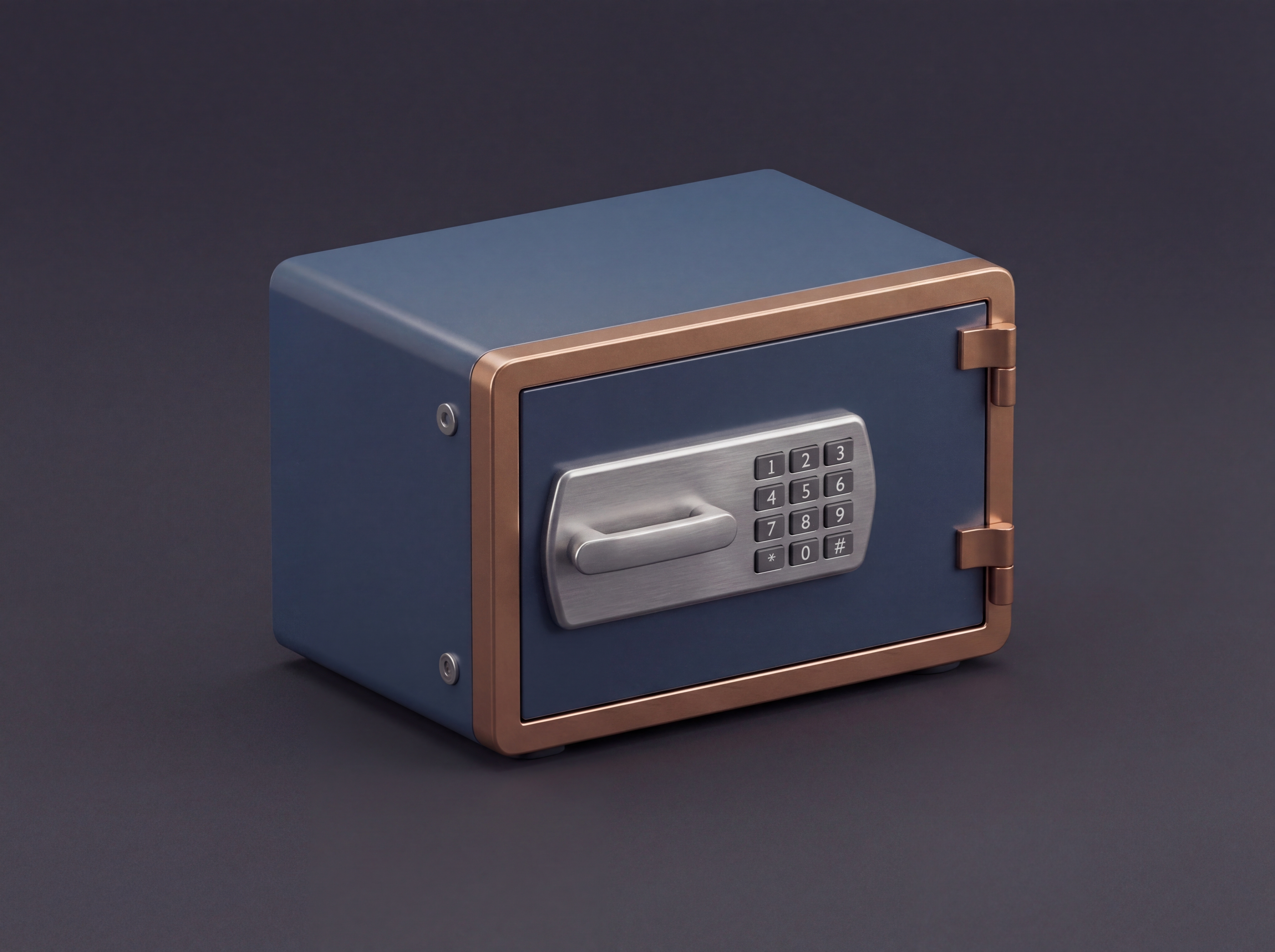 A safe with keypad lock against a dark studio background.