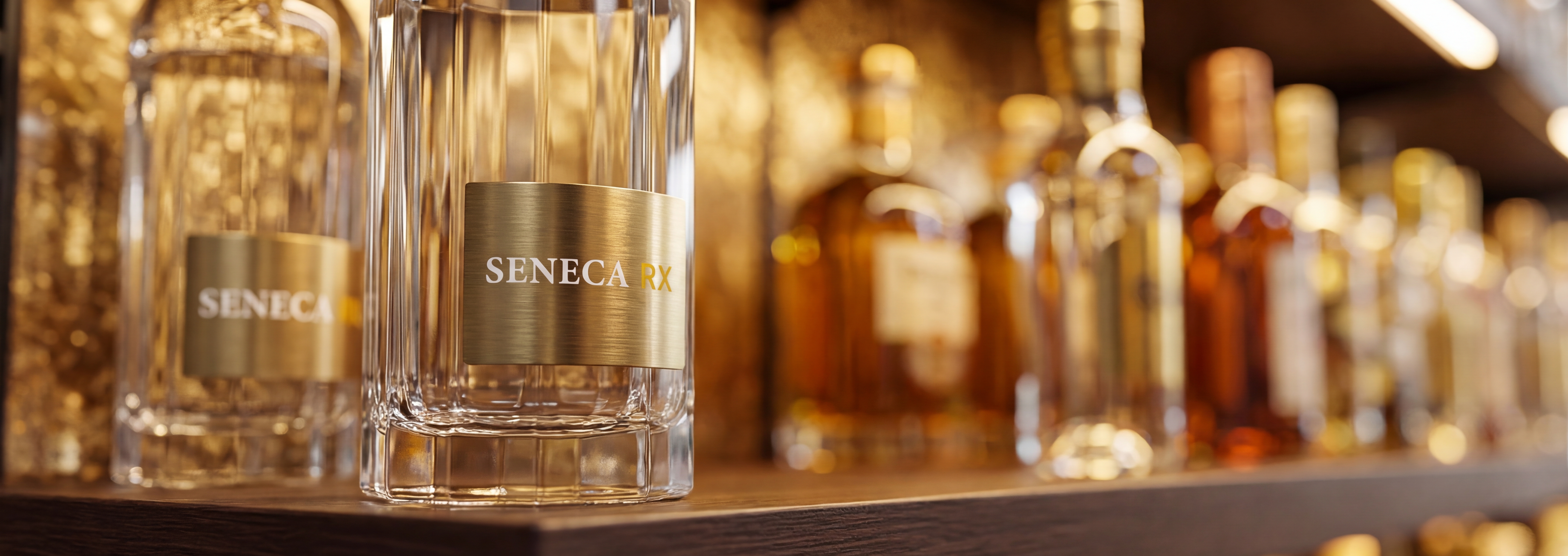 Seneca RX bottle on a shelf with surrounding glass bottles.